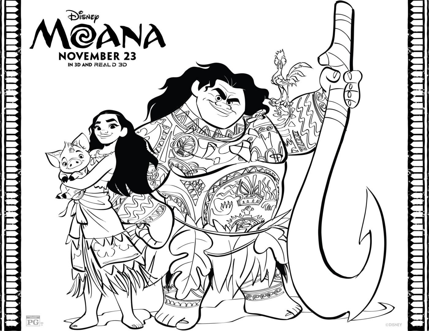 Раскраски к современному мультфильму Моана для детей  Раскраска принцесса Моана держит на руках поросенка и рядом стоит Мауи со своим оружием в виде крюка