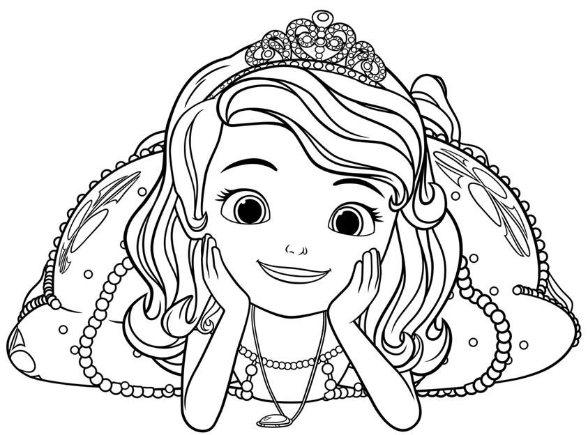 Раскраски с принцессой Софией для девочек. Раскраски из мультфильмов про принцесс  Раскраска принцесса София лежит сложив руки под голову