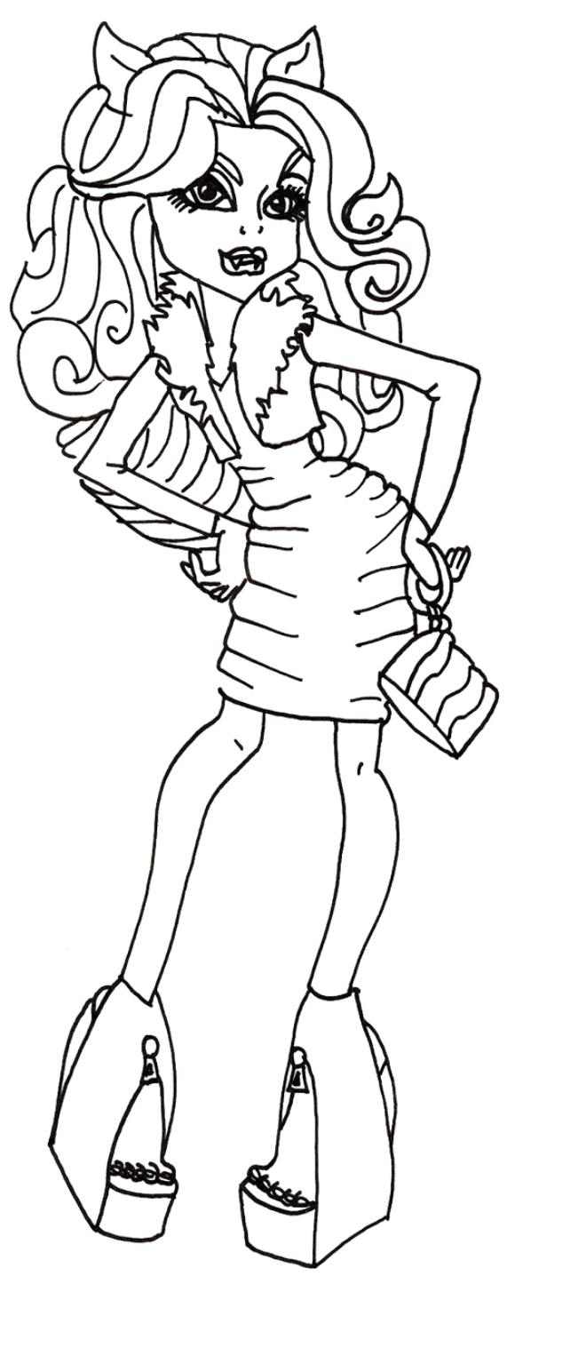 Раскраски с куклами Монстер Хай, монстры старшей школы  Раскраска Клодин Вульф из мультфильма Монстер Хай. Девочка волк