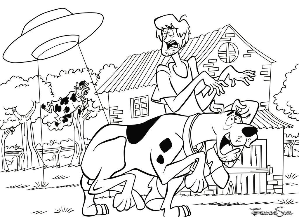 Раскраски про Скуби Ду. Раскраски по мультфильму Скуби Ду. Раскраски со Скуби Ду для детей.  Инопланетяне похищают корову шеги и скуби ду убегают