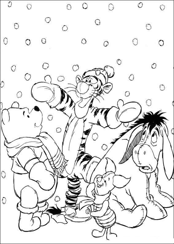Раскраски из зарубежного мультфильма про Винни Пуха и его друзей для самых маленьких   Раскраски винни пух и его друзья радуются выпавшему снегу