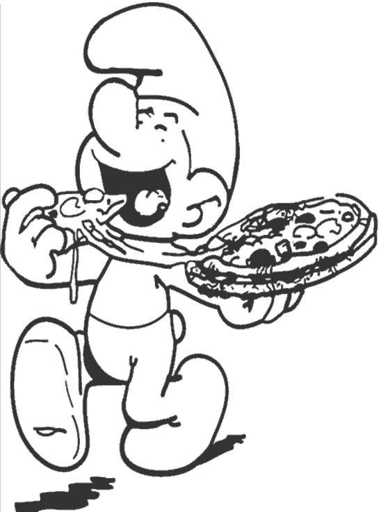 Раскраски смурфики для детей, раскраски про приключения смурфиков  Раскраски смурфик идет и ест пиццу