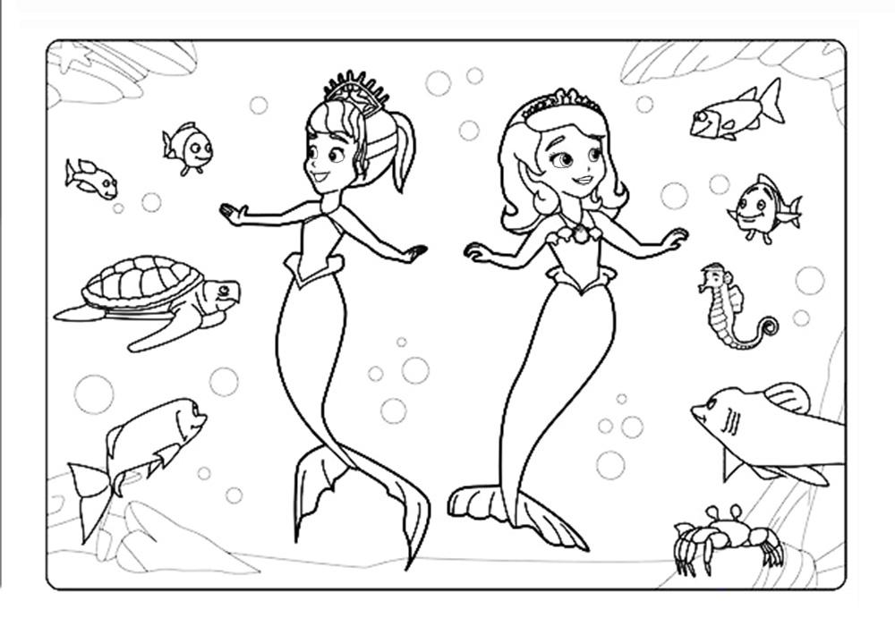 Раскраски с принцессой Софией для девочек. Раскраски из мультфильмов про принцесс  Раскраска принцесса София и сестра - русалочки  в подводном мире
