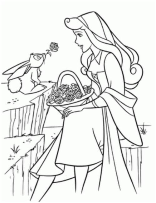 Раскраски из мультфильма Спящая красавица  Раскраска спящая красавица с корзиной роз в руках получает розу в подарок от зайца
