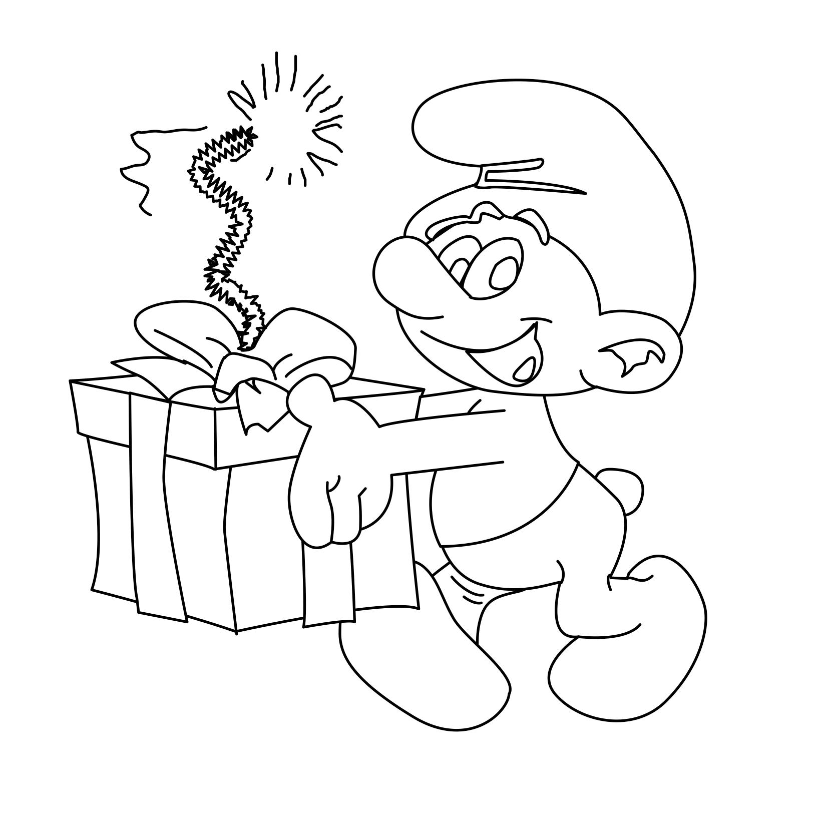  Раскраска Смурфик с подарочной коробкой и подожженным на ней фителем