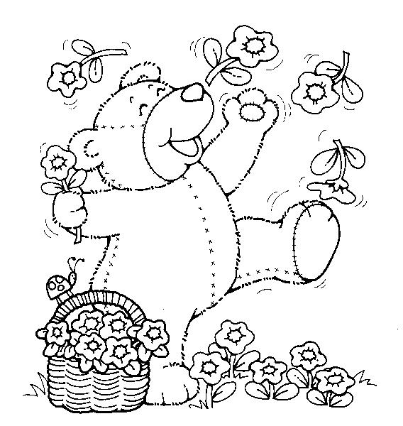 Раскраски с мишками Тедди, милые и красивые раскраски для детей с медвежатами  Мишка Тедди подбрасывает цветы из корзины