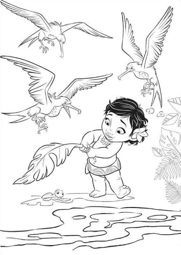 Раскраски к современному мультфильму Моана для детей  Раскраски маленькая Моана защищает черепашонка от птиц