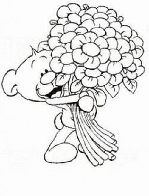  Раскраска мишка Тедди с охапкой цветов
