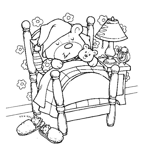  Раскраска мишка Тедди спит в своей кровати
