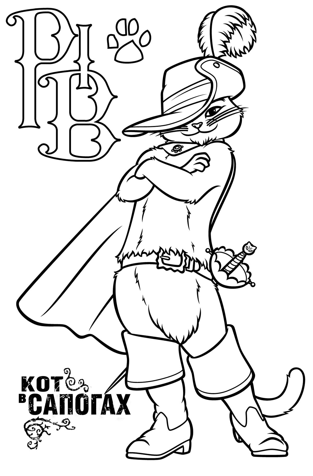 Раскраски про кота в сапогах для детей  Кот в сапогах с логотипом мультфильма