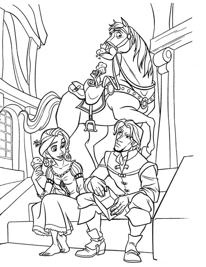 Раскраски для девочек по мультфильму Рапунцель  Раскраски Рапунцель сидит на ступеньке со своим спутником, а за ними лошадь