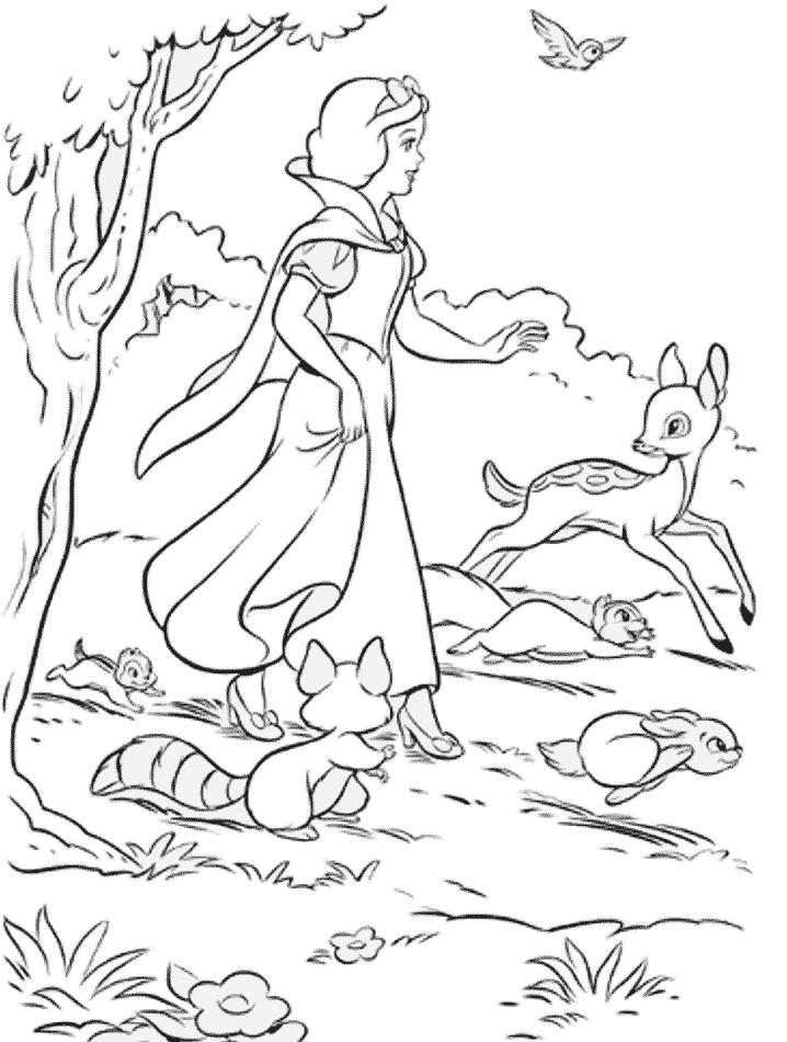 Раскраски про Белоснежку для девочек.  Раскраска Белоснежка идет по лесу с животными 