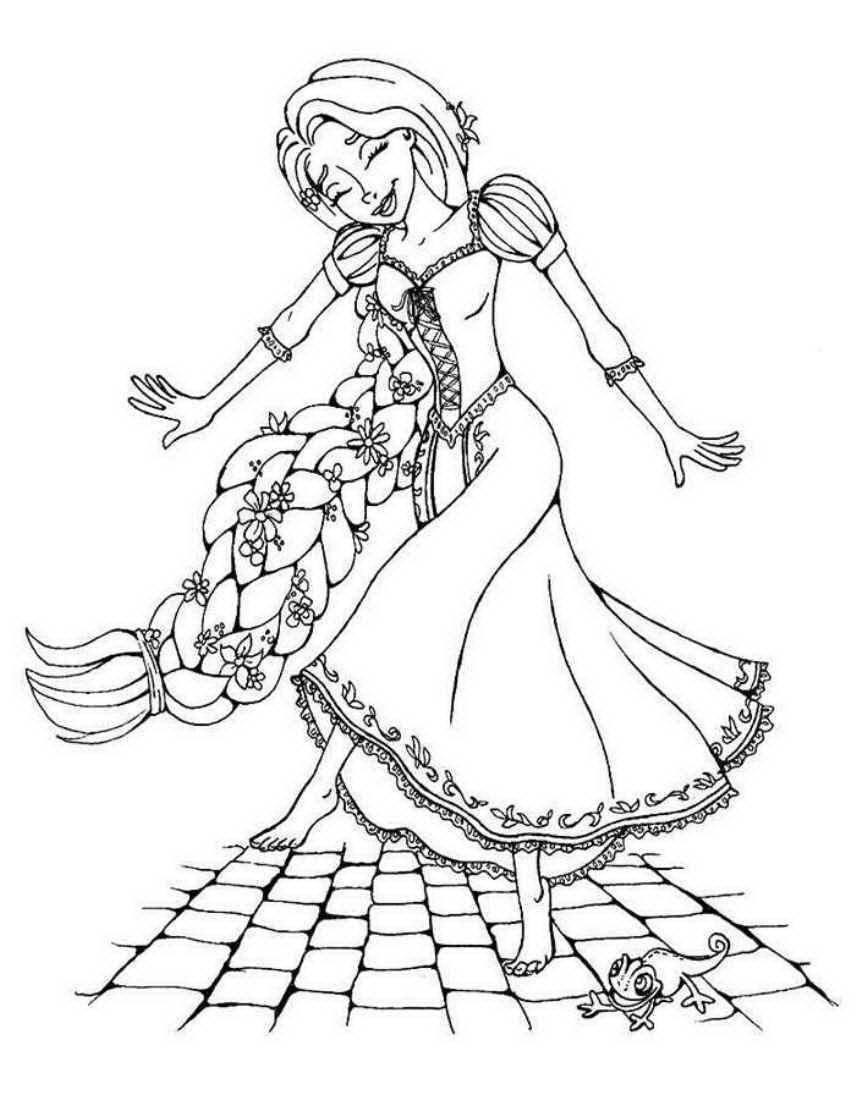 Раскраски для девочек по мультфильму Рапунцель  Рапунцель прыгает по брусчатке с хамелеоном 