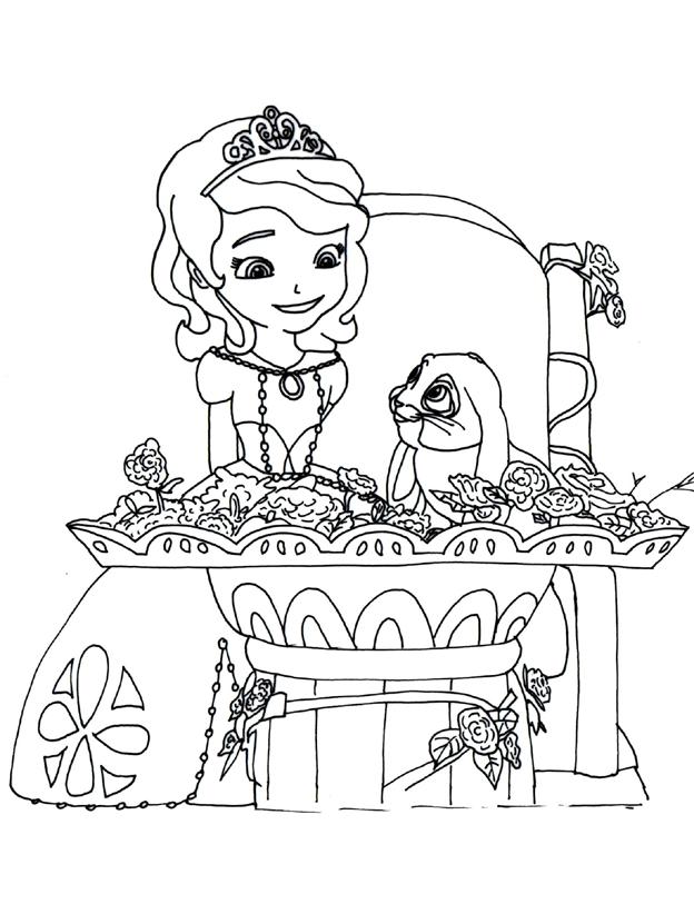 Раскраски с принцессой Софией для девочек. Раскраски из мультфильмов про принцесс  Раскраска принцесса София с зайчиком возле цветочной арки