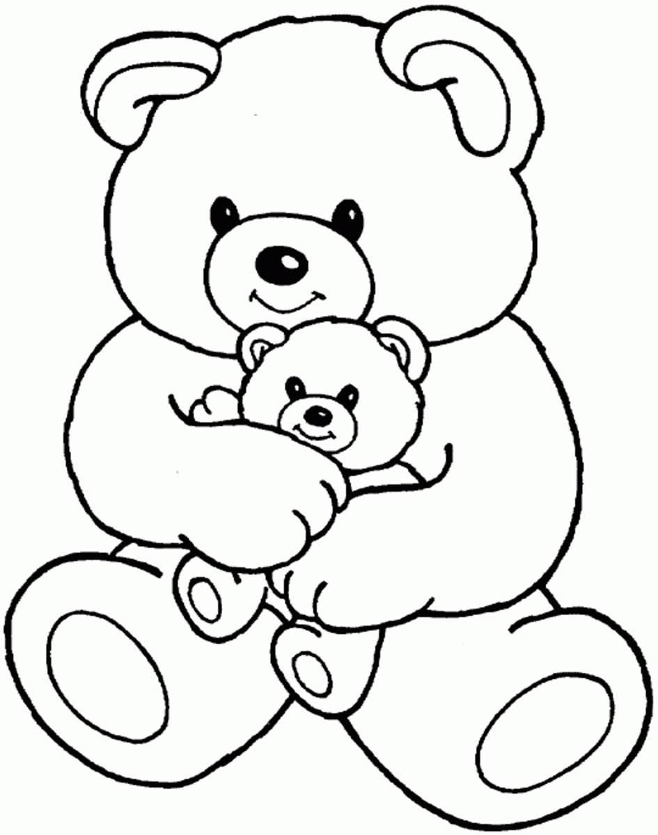 Раскраски с мишками Тедди, милые и красивые раскраски для детей с медвежатами  Раскраска большой мишка Тедди держит на руках маленького мишку