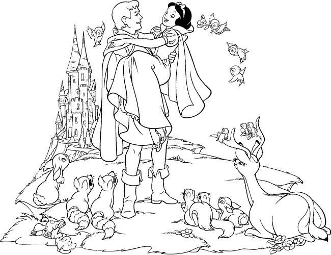 Раскраски про Белоснежку для девочек.  Белоснежка на руках у принца на фоне замка и в окружении лесных зверей