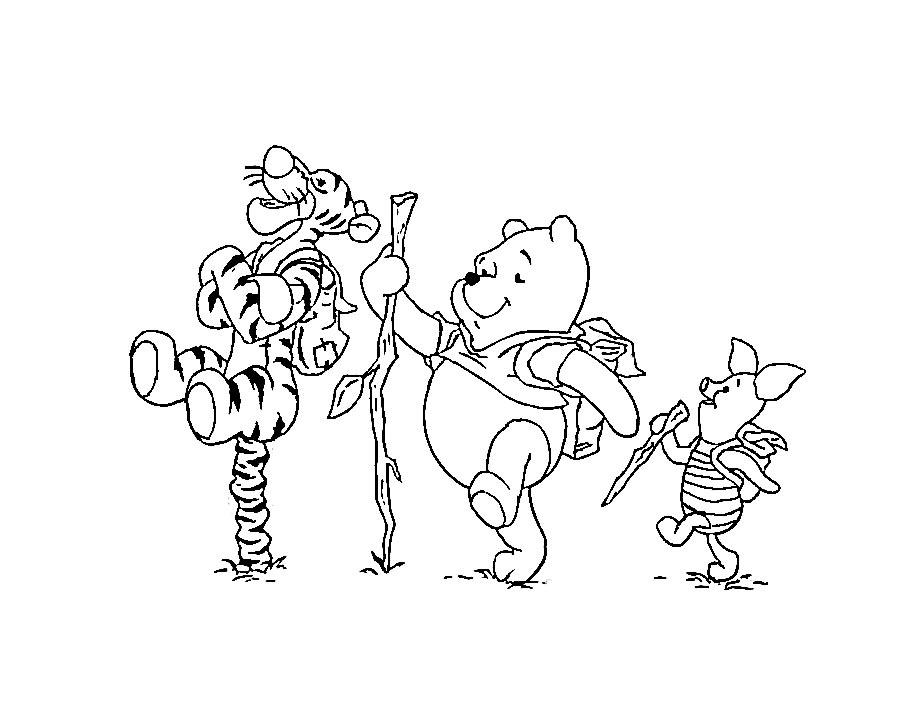 Раскраски из зарубежного мультфильма про Винни Пуха и его друзей для самых маленьких   Винни пух, пяточек и тигруля идут в поход