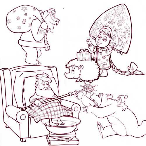 Раскраски для детей про озорную Машу из мультфильма Маша и медведь  Маша и медведь новогодние раскраски 
