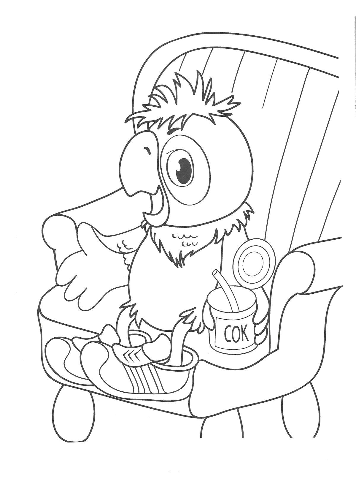 Раскраска попугай кеша сидит в кресле и пьет сок