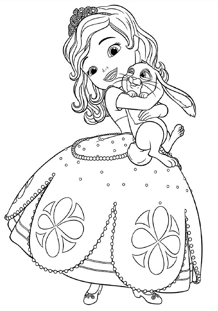 Раскраски с принцессой Софией для девочек. Раскраски из мультфильмов про принцесс  Раскраска принцесса София обнимает зайчика