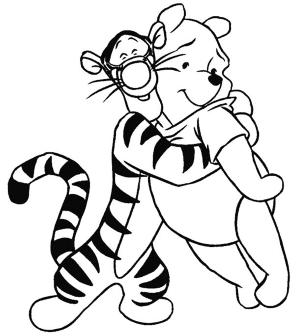 Раскраски из зарубежного мультфильма про Винни Пуха и его друзей для самых маленьких   Тигруля приподняв обнимает Винни пуха