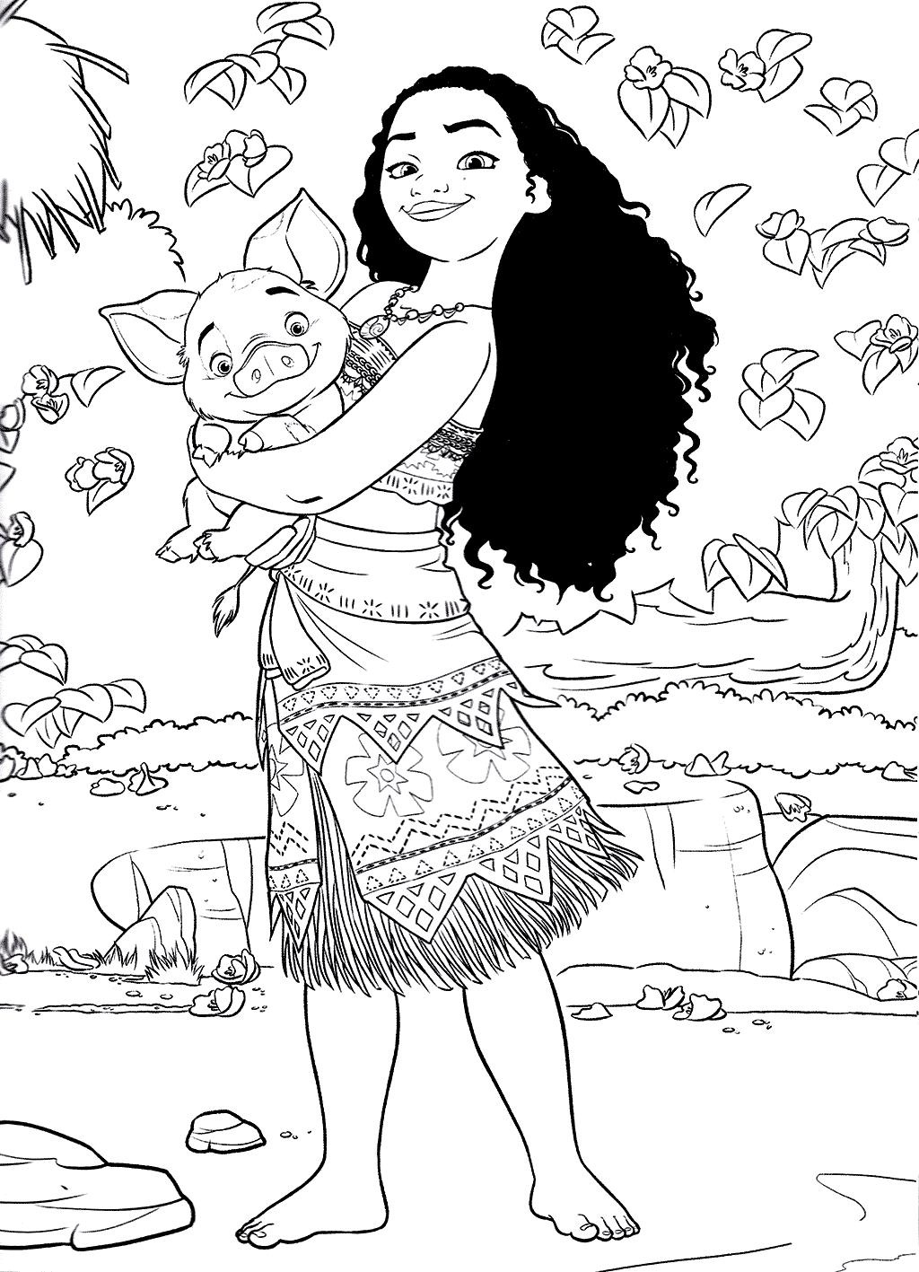 Раскраски к современному мультфильму Моана для детей  Раскраска принцесса Моана и поросенок Пуа