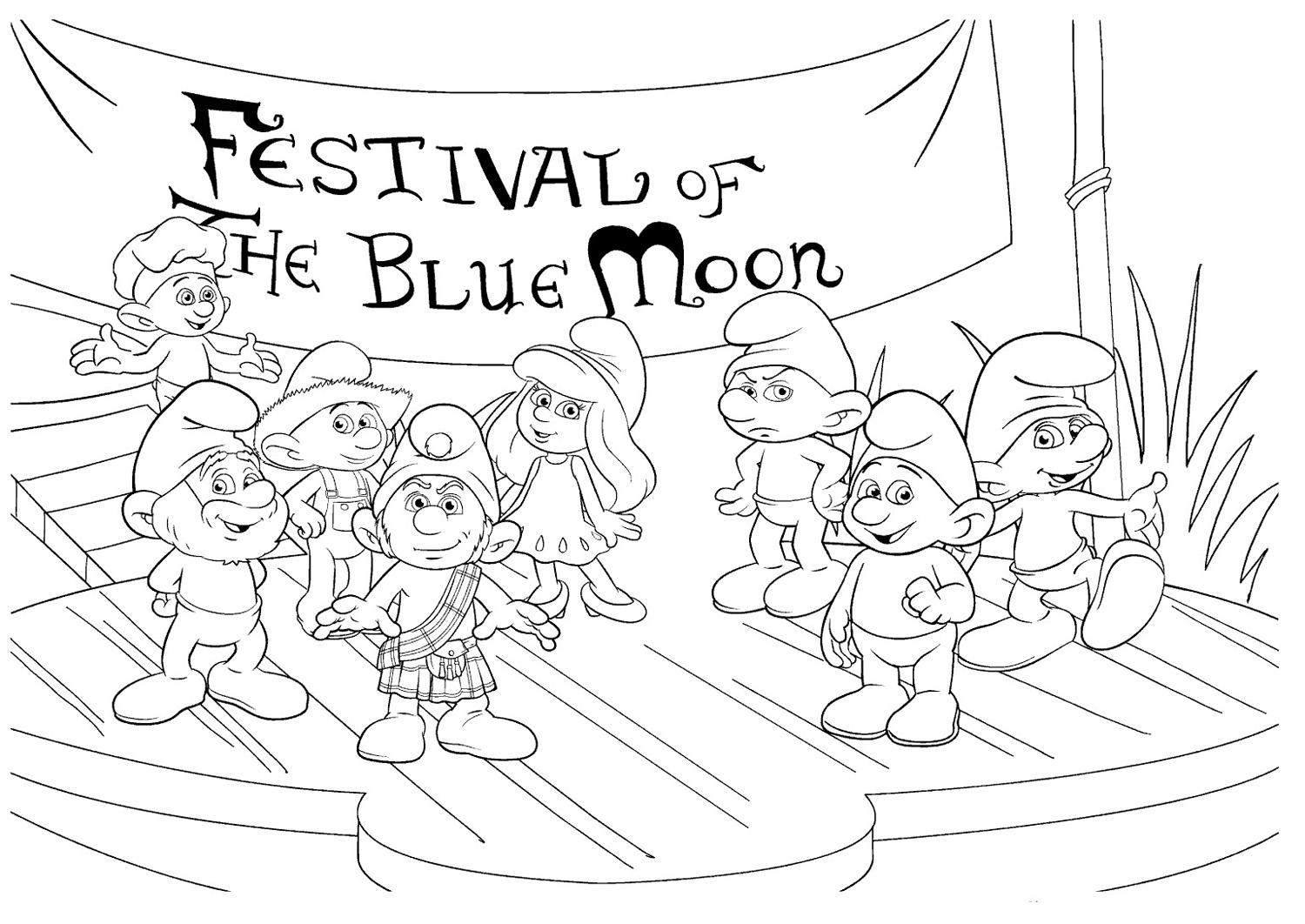 Раскраски смурфики для детей, раскраски про приключения смурфиков  Раскраска фестиваль голубой луны у смурфиков