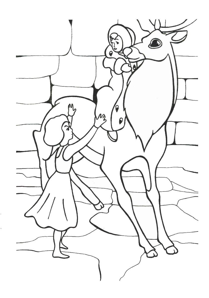 Раскраски по сказке Снежная королева для мальчиков и девочек  Девочка разбойница садит Герду на оленя. Раскраски по советскому мультфильму Снежная королева. 
