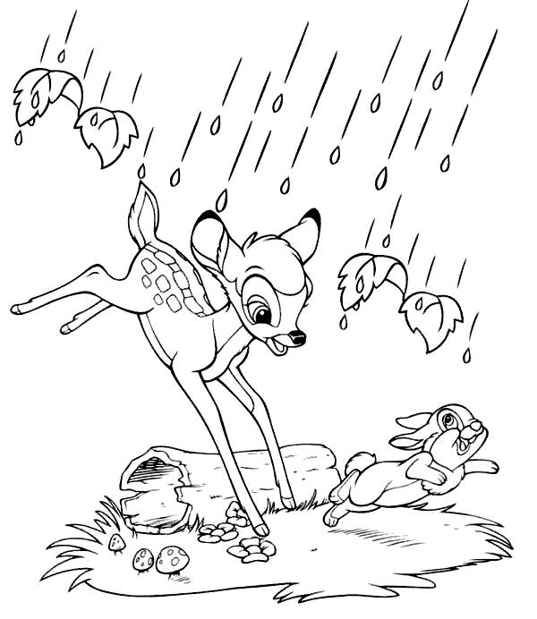 Раскраски природные явления дождь, раскраски дождик для школьников и подростков  Олененок и зайчонок под дождем