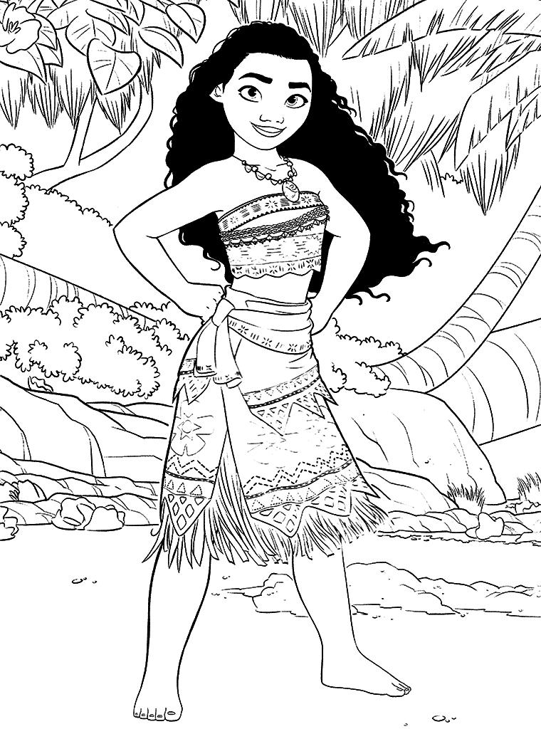 Раскраски к современному мультфильму Моана для детей  Раскраска принцесса Моана среди пальм