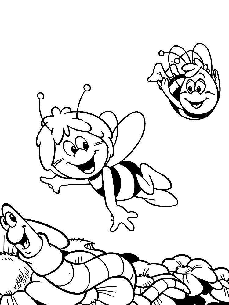 Раскраски с пчелкой Майя для малышей  Пчелка Майя с другом Вилли и червячком