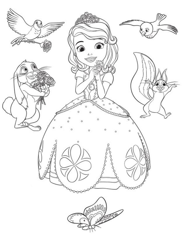 Раскраски с принцессой Софией для девочек. Раскраски из мультфильмов про принцесс  Раскраска принцесса София с розой в руке и ее животные