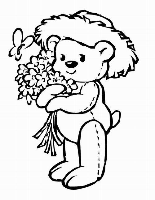 Раскраски с мишками Тедди, милые и красивые раскраски для детей с медвежатами  Раскраска мишка Тедди с букетом цветов