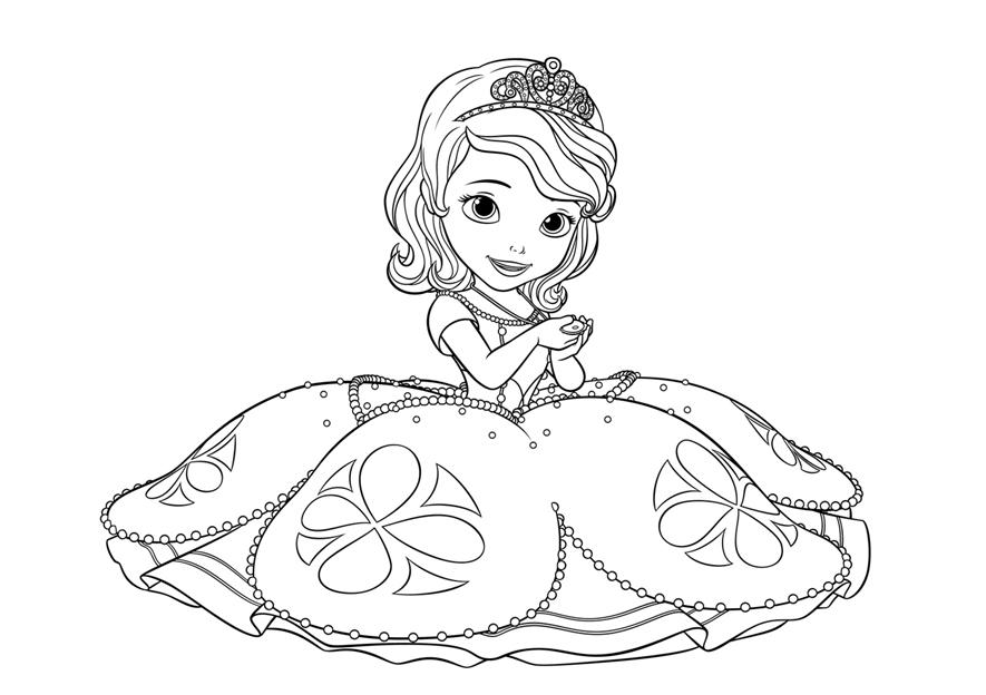 Раскраски с принцессой Софией для девочек. Раскраски из мультфильмов про принцесс  Раскраска принцесса София сидит на полу в пышном платье