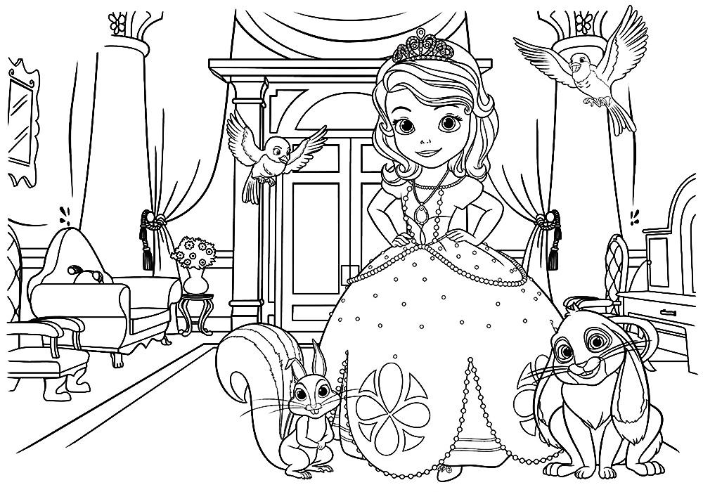 Раскраски с принцессой Софией для девочек. Раскраски из мультфильмов про принцесс  Раскраска принцесса София во дворце в окружении животных