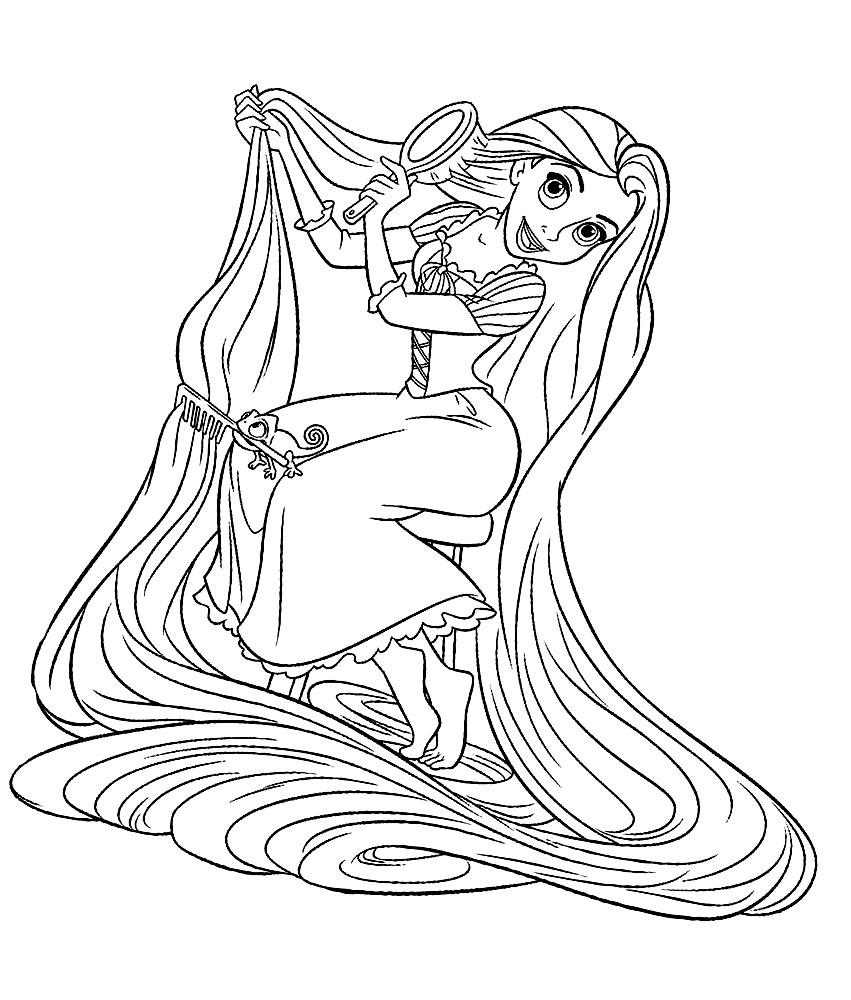 Раскраски для девочек по мультфильму Рапунцель  Рапунцель расчесывает свои длинные волосы вместе с хамелеоном