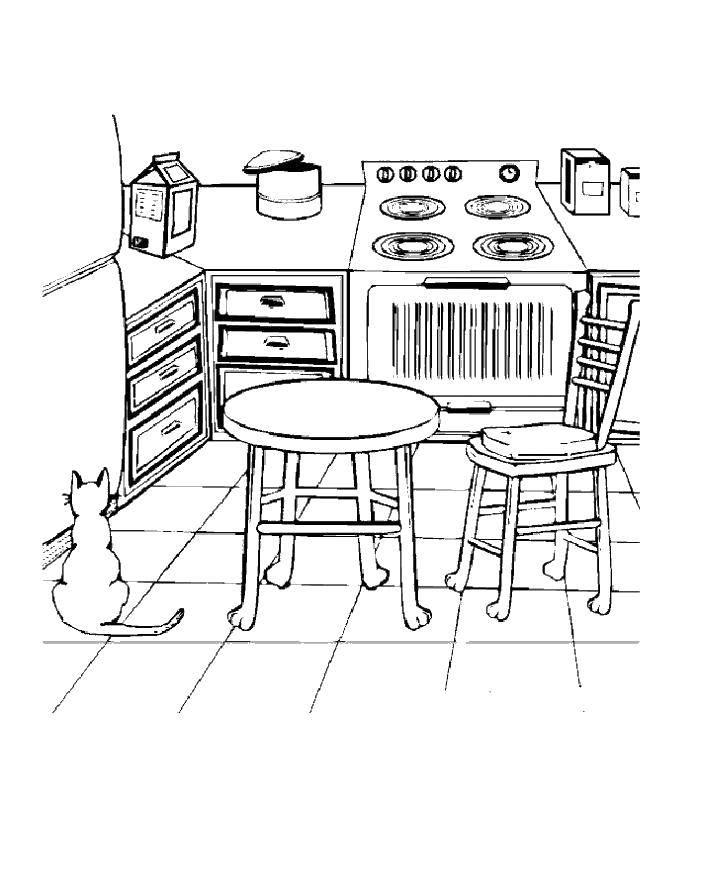  Раскраски мебель на кухню и кошка