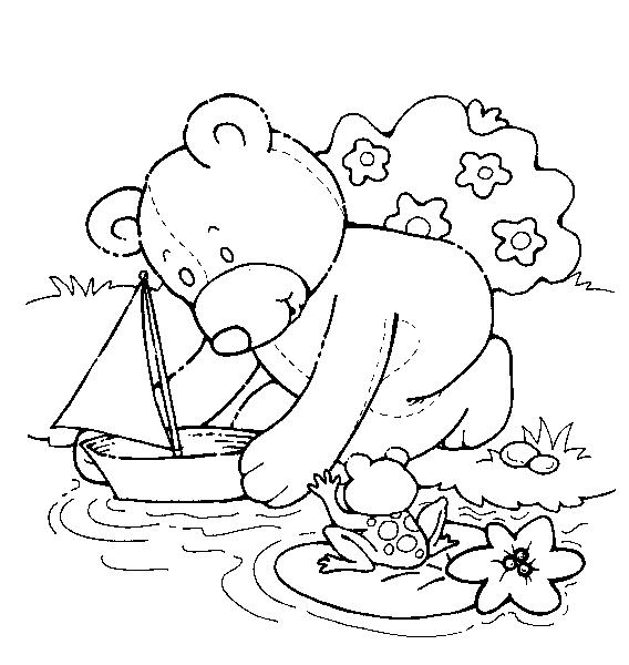 Раскраски с мишками Тедди, милые и красивые раскраски для детей с медвежатами  Раскраска мишка Тедди пускает кораблик по ручейку