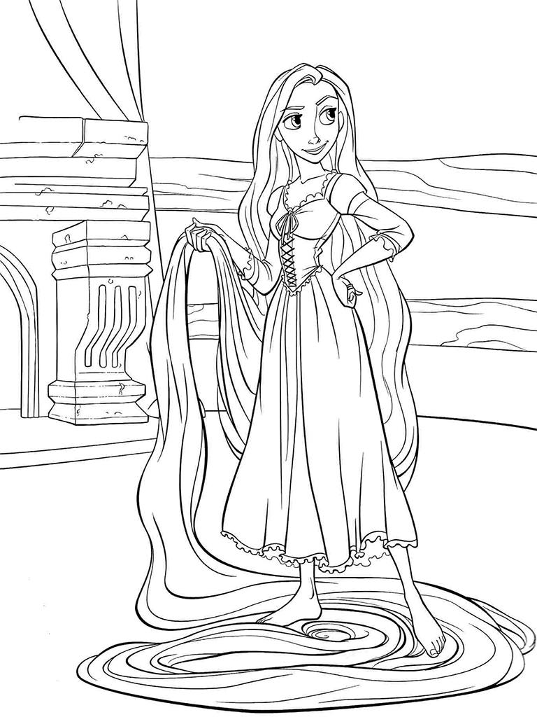Раскраски для девочек по мультфильму Рапунцель  Рапунцель держит сои волосы в руках