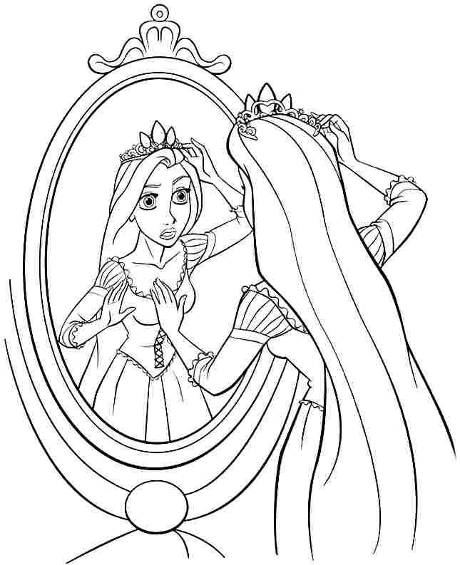 Раскраски для девочек по мультфильму Рапунцель  Раскраски Рапунцель примеряет корону перед зеркалом