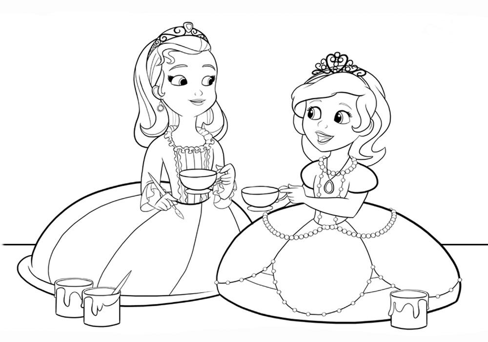 Раскраски с принцессой Софией для девочек. Раскраски из мультфильмов про принцесс  Раскраска принцесса София пьет чай с подругой художницей