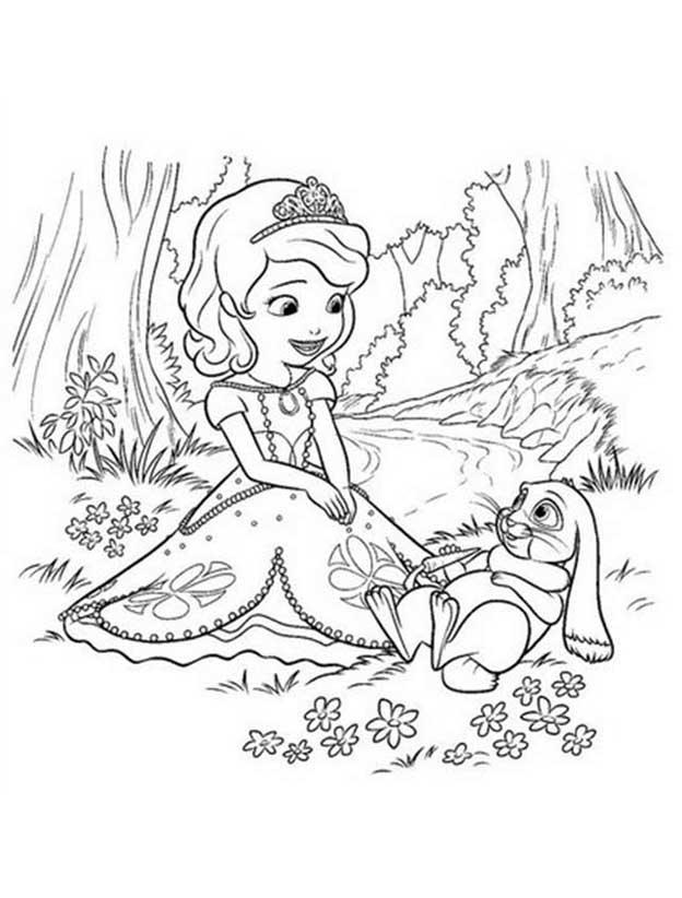 Раскраски с принцессой Софией для девочек. Раскраски из мультфильмов про принцесс  Раскраска принцесса София и заяц в лесу