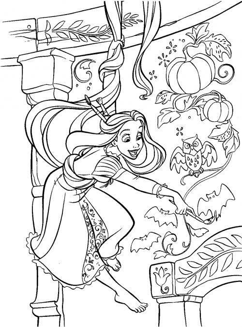 Раскраски для девочек по мультфильму Рапунцель  Раскраска Рапунцель рисует летучую мышку