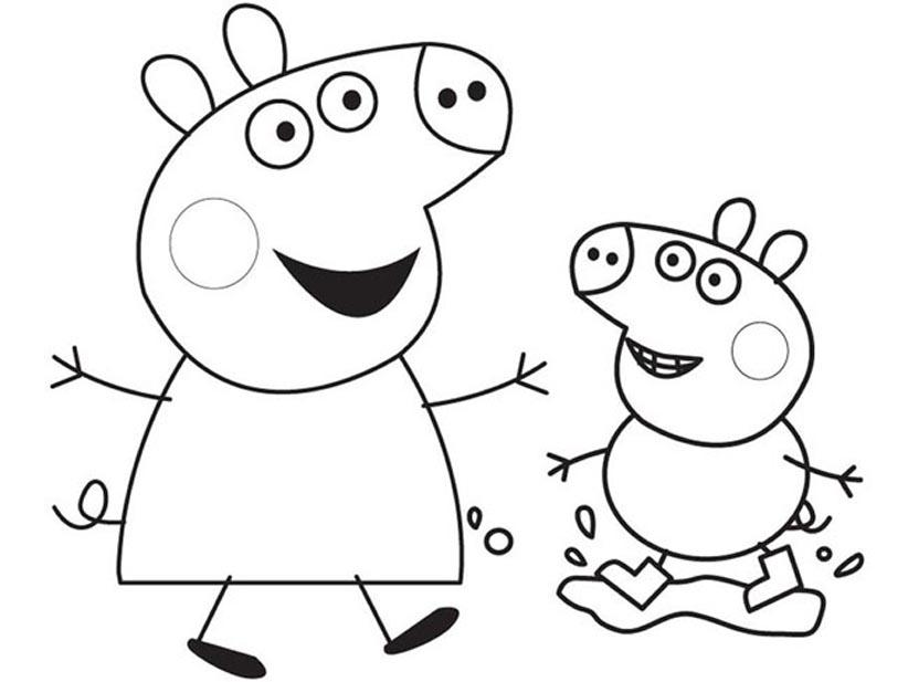 Познавательные и забавные раскраски для детей про свинку Пеппу  Свинка Пеппа с братом веселятся в весенних лужах 