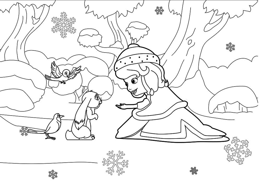 Раскраски с принцессой Софией для девочек. Раскраски из мультфильмов про принцесс  Раскраска принцесса София зимой протягивает рука зайцу