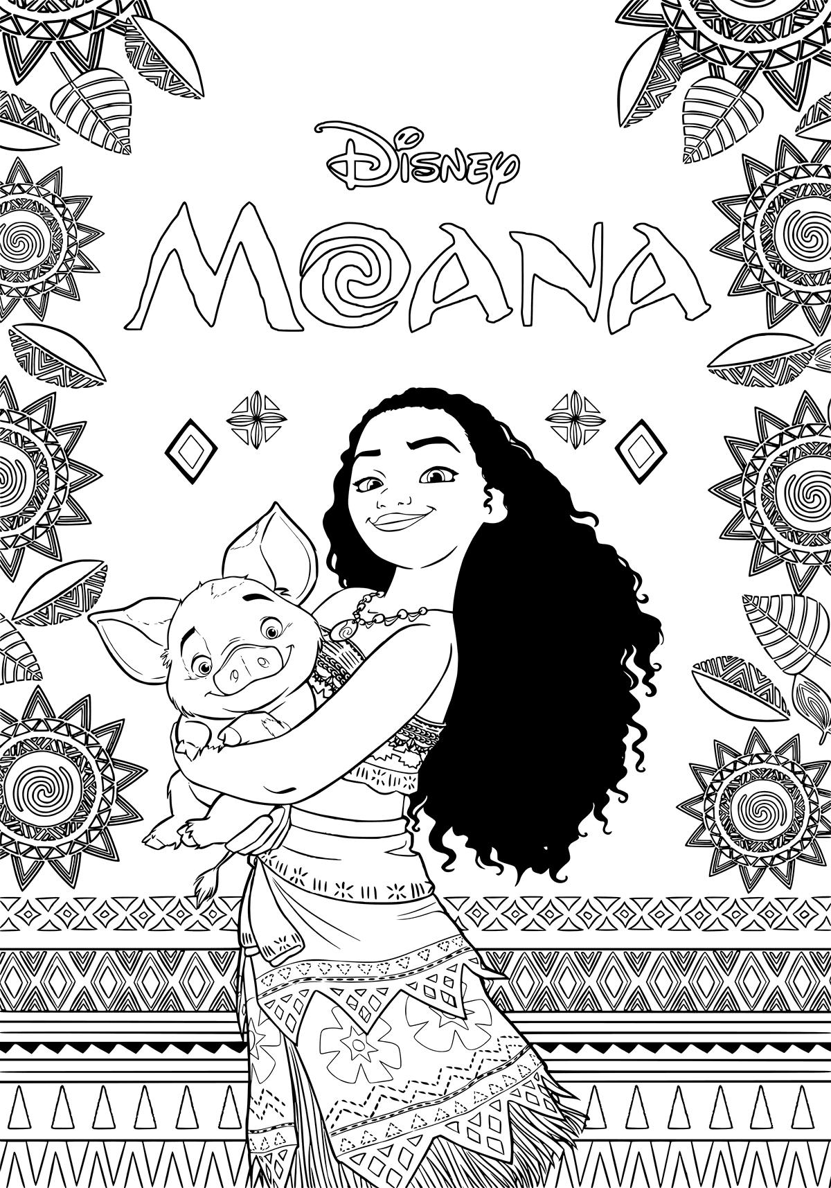 Раскраски к современному мультфильму Моана для детей  Раскраски Моана держит на рукх поросенка Пуа