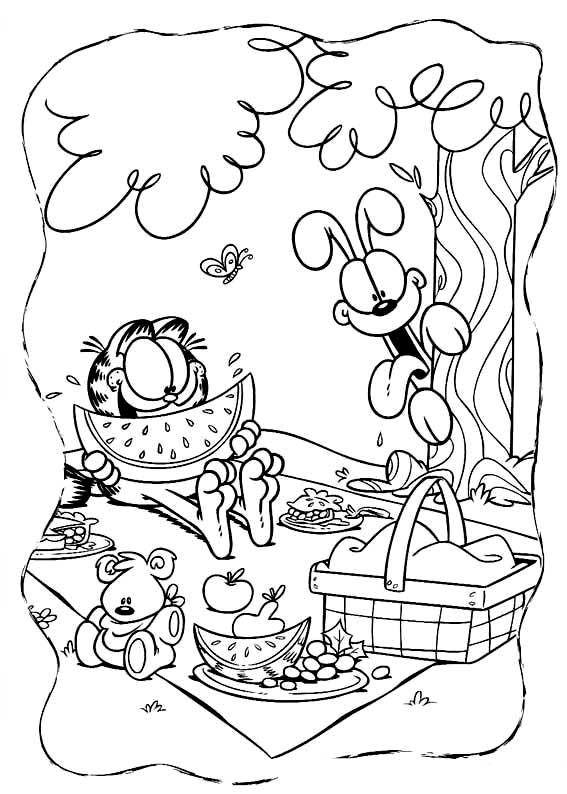 Раскраски про приключения кота Гарфилда для детей  Раскраски гарфилд с другом псом на пикнике