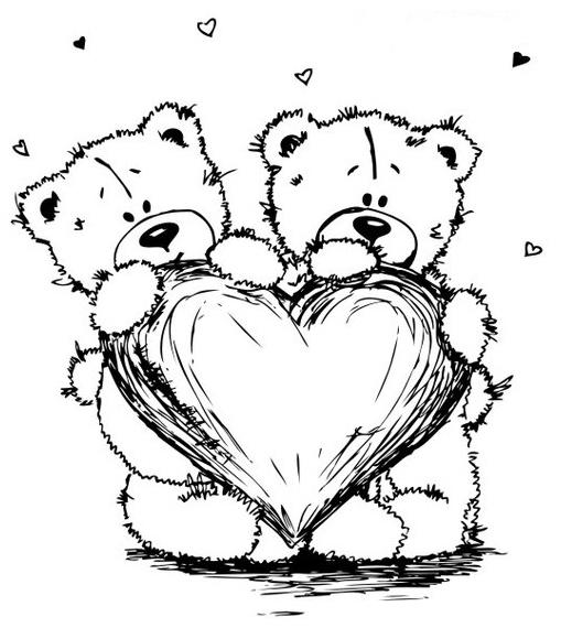 Раскраски с мишками Тедди, милые и красивые раскраски для детей с медвежатами  Два мишки Тедди держащие одно сердце