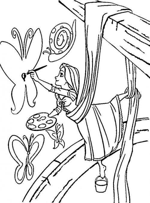  Раскраска Рапунцель рисует бабочек на стенах повиснув на своих волосах