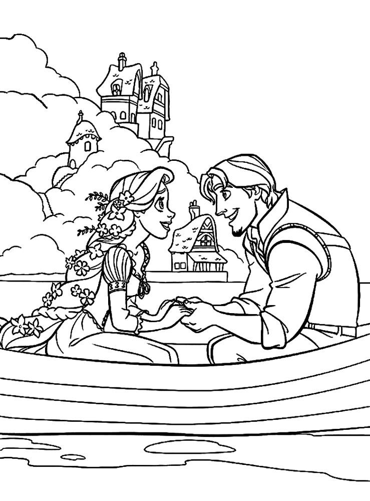 Раскраски для девочек по мультфильму Рапунцель  Раскраска Рапунцель в лодке с парнем